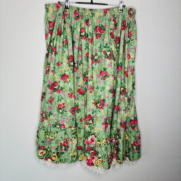 Hand Sewn Floral A-Line Skirt 2X Cotton Lace Ruffle Hem Elastic Waist Cottage - Picture 2 of 8